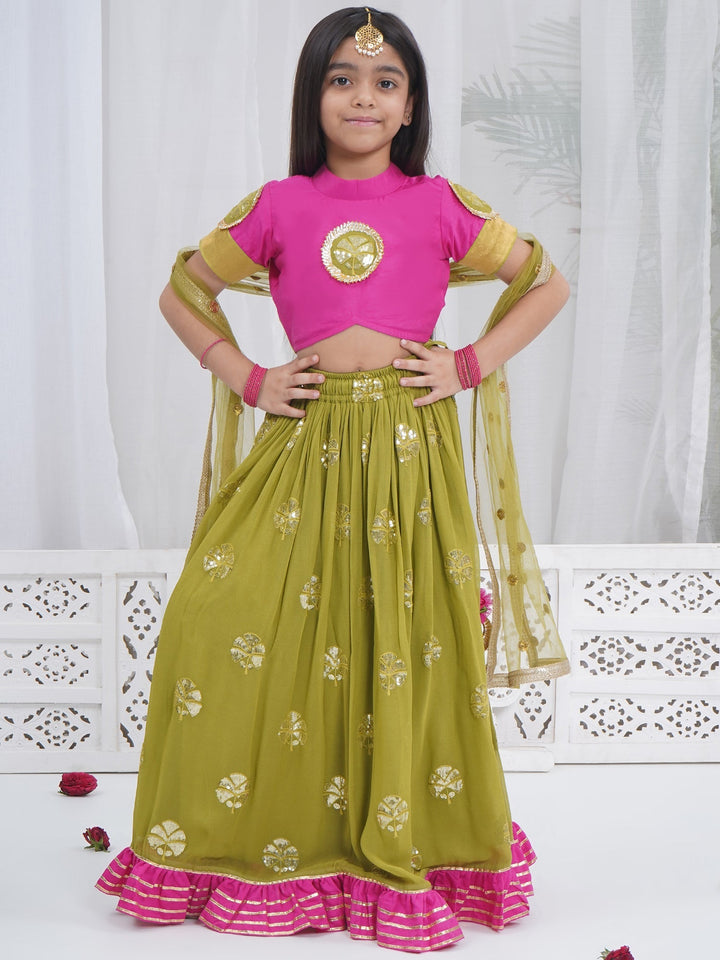 Girls Jodhpuri Rani Mehendi Green Lehenga Set | SHOBITAM
