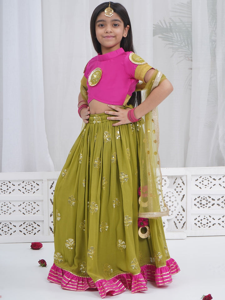 Girls Jodhpuri Rani Mehendi Green Lehenga Set | SHOBITAM
