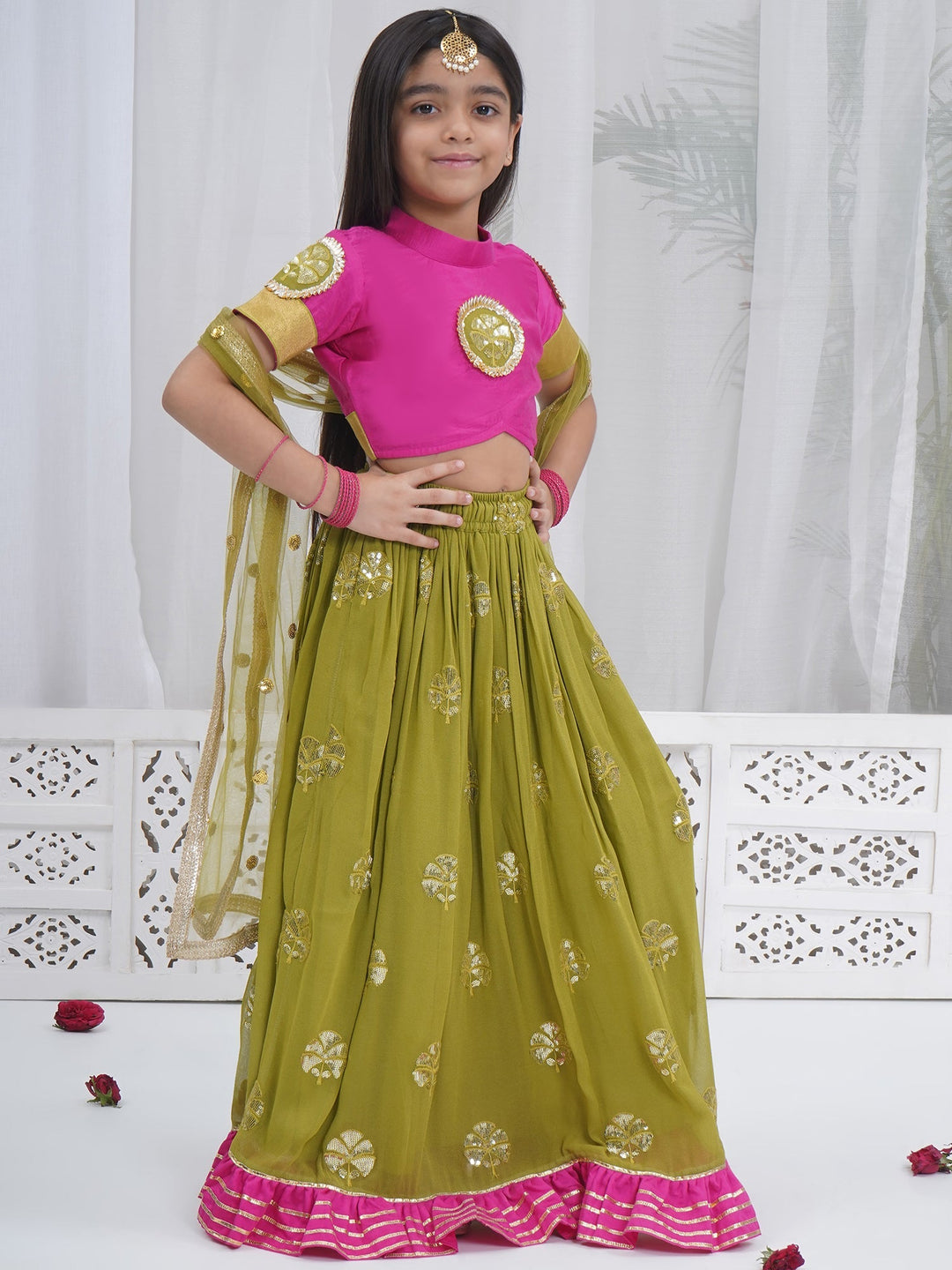 Girls Jodhpuri Rani Mehendi Green Lehenga Set | SHOBITAM