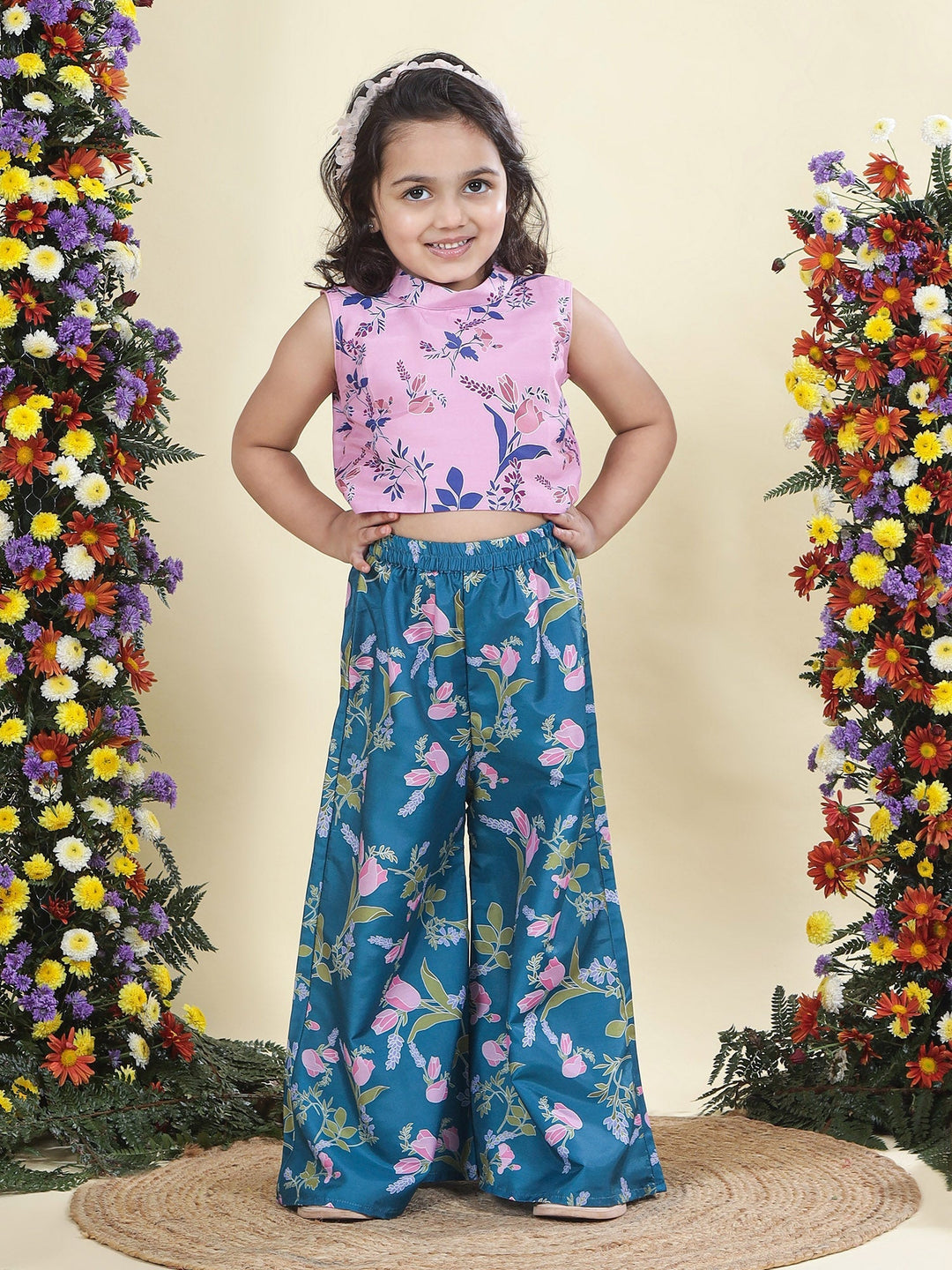 Pink Muslin Tulip Top with Turquoise Green Plazzo Co-Ord Set  | SHOBITAM