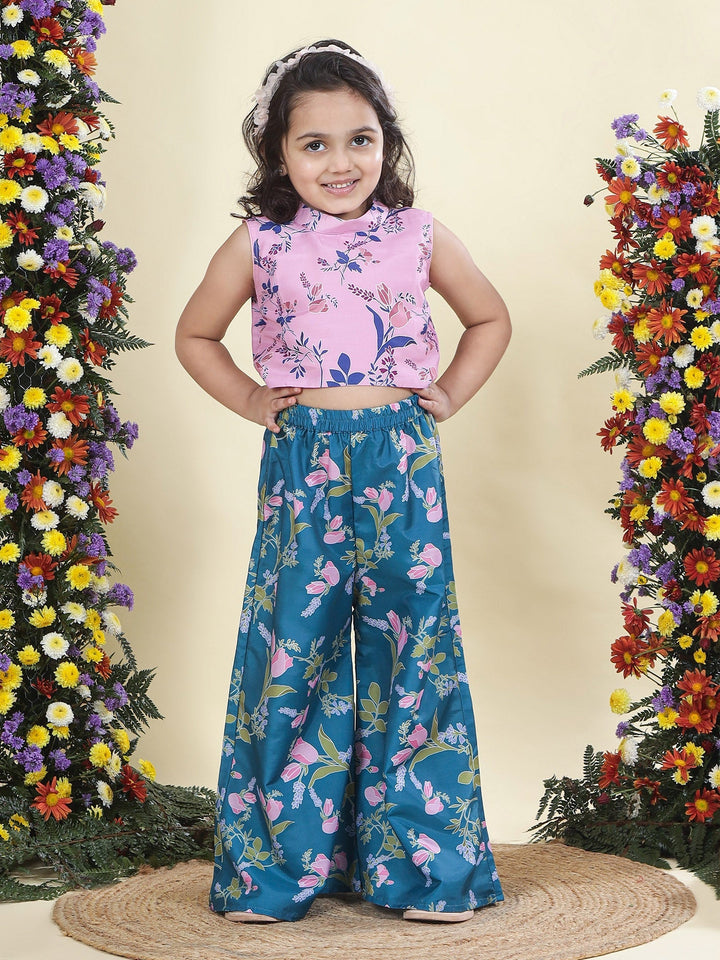 Pink Muslin Tulip Top with Turquoise Green Plazzo Co-Ord Set  | SHOBITAM