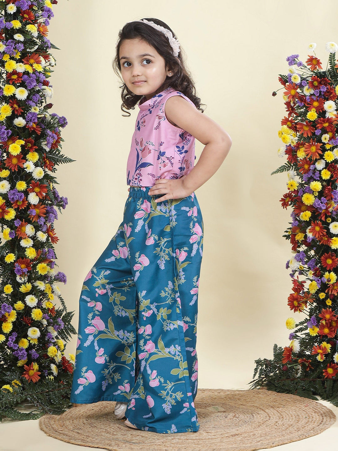 Pink Muslin Tulip Top with Turquoise Green Plazzo Co-Ord Set  | SHOBITAM
