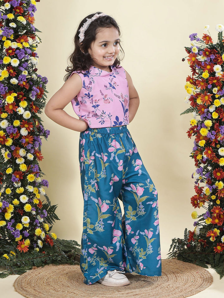 Pink Muslin Tulip Top with Turquoise Green Plazzo Co-Ord Set  | SHOBITAM