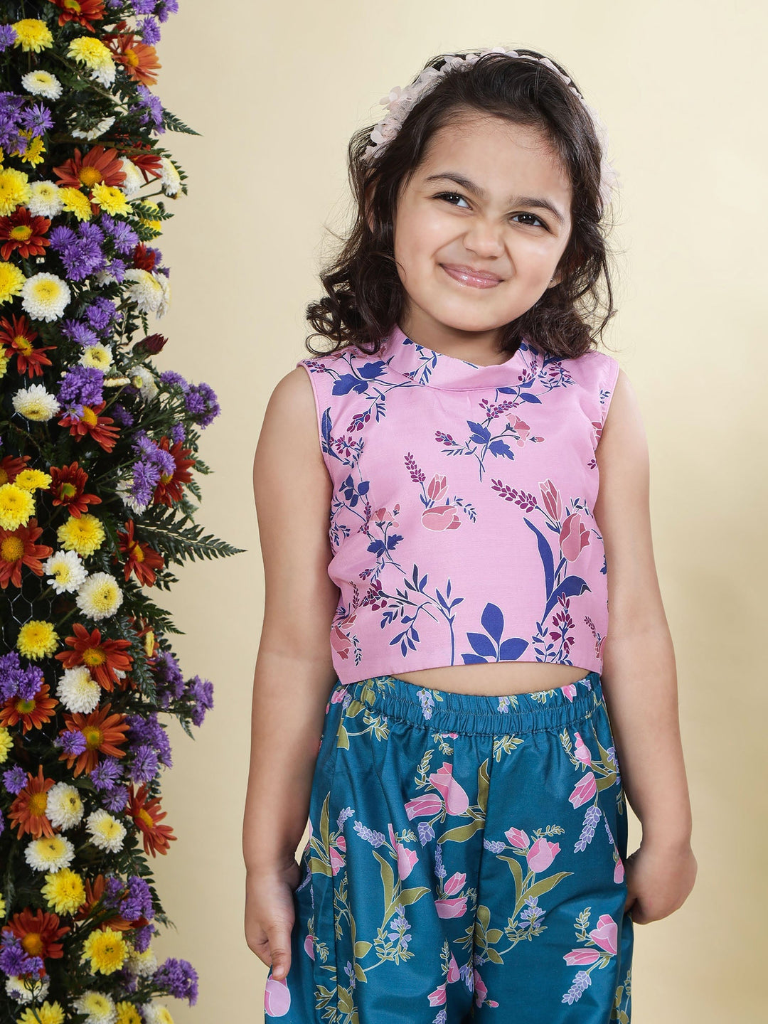 Pink Muslin Tulip Top with Turquoise Green Plazzo Co-Ord Set  | SHOBITAM