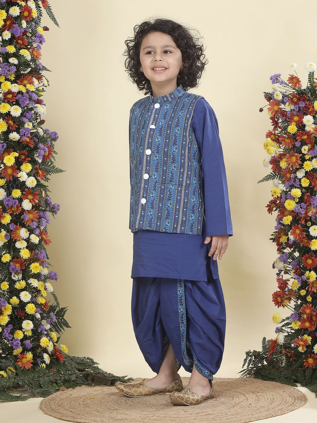 Blue Indigo Floral Bloom Nehru Jacket with Cotton Kurta Dhoti Set | SHOBITAM