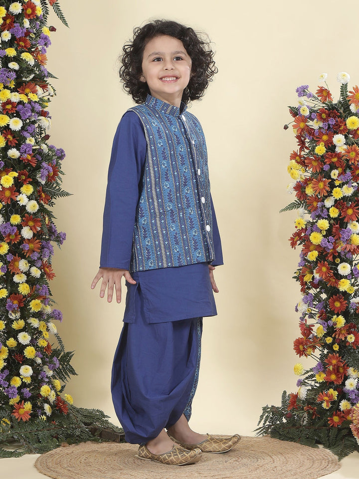 Blue Indigo Floral Bloom Nehru Jacket with Cotton Kurta Dhoti Set | SHOBITAM