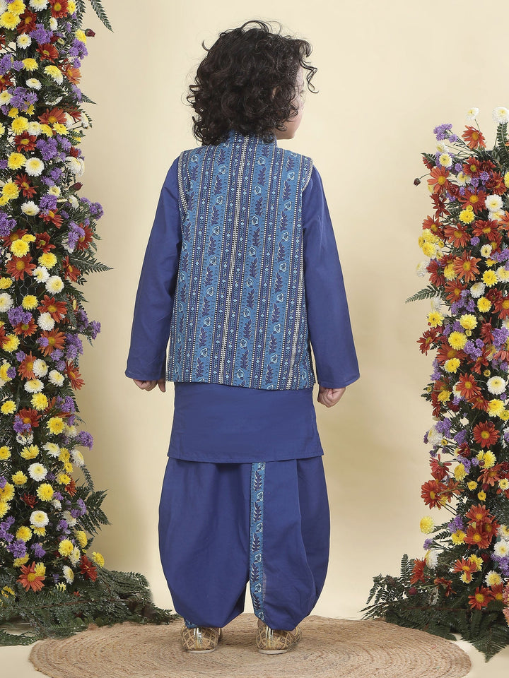 Blue Indigo Floral Bloom Nehru Jacket with Cotton Kurta Dhoti Set | SHOBITAM