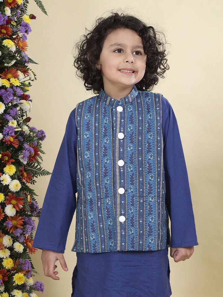 Blue Indigo Floral Bloom Nehru Jacket with Cotton Kurta Dhoti Set | SHOBITAM