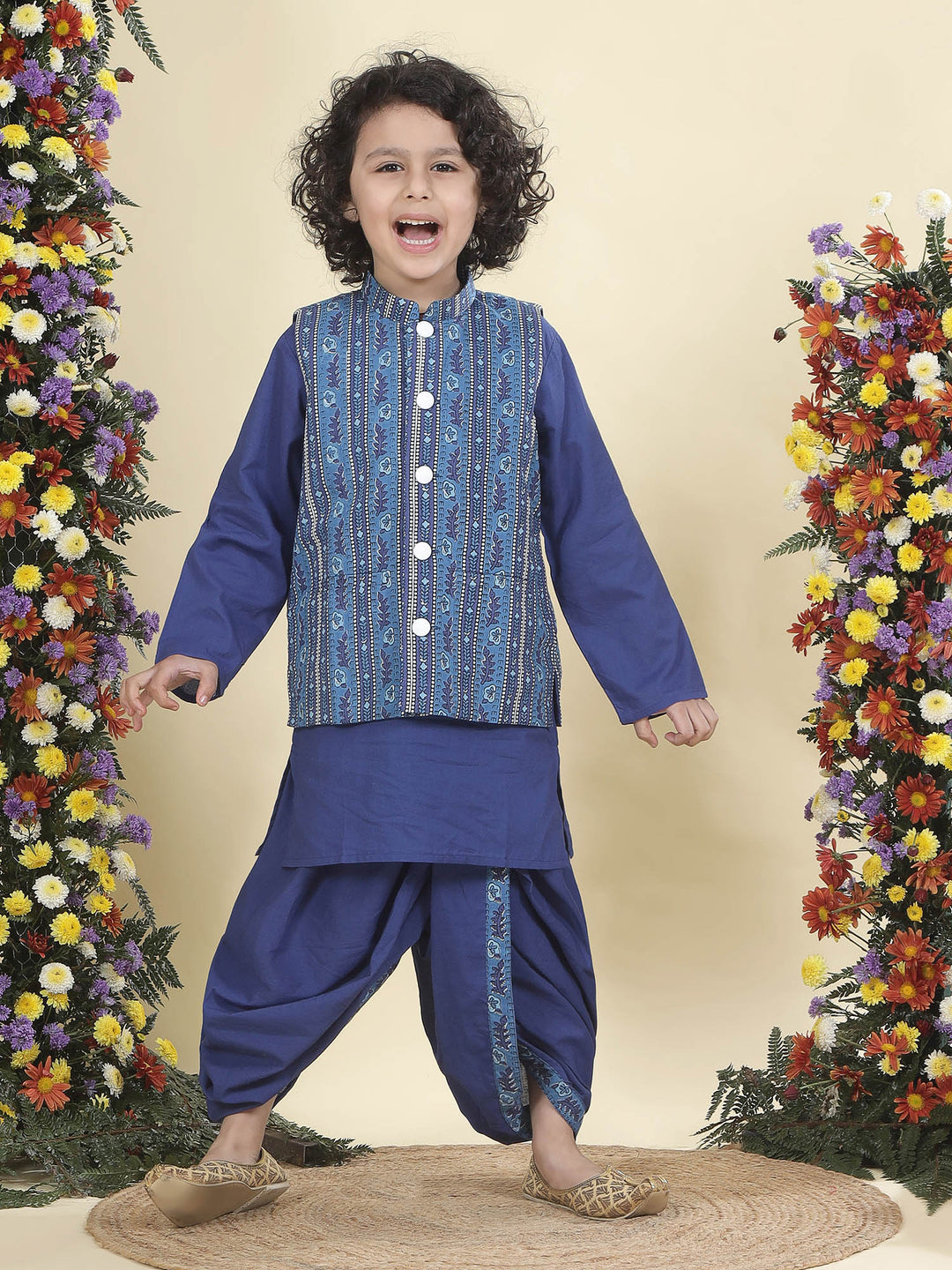 Blue Indigo Floral Bloom Nehru Jacket with Cotton Kurta Dhoti Set | SHOBITAM