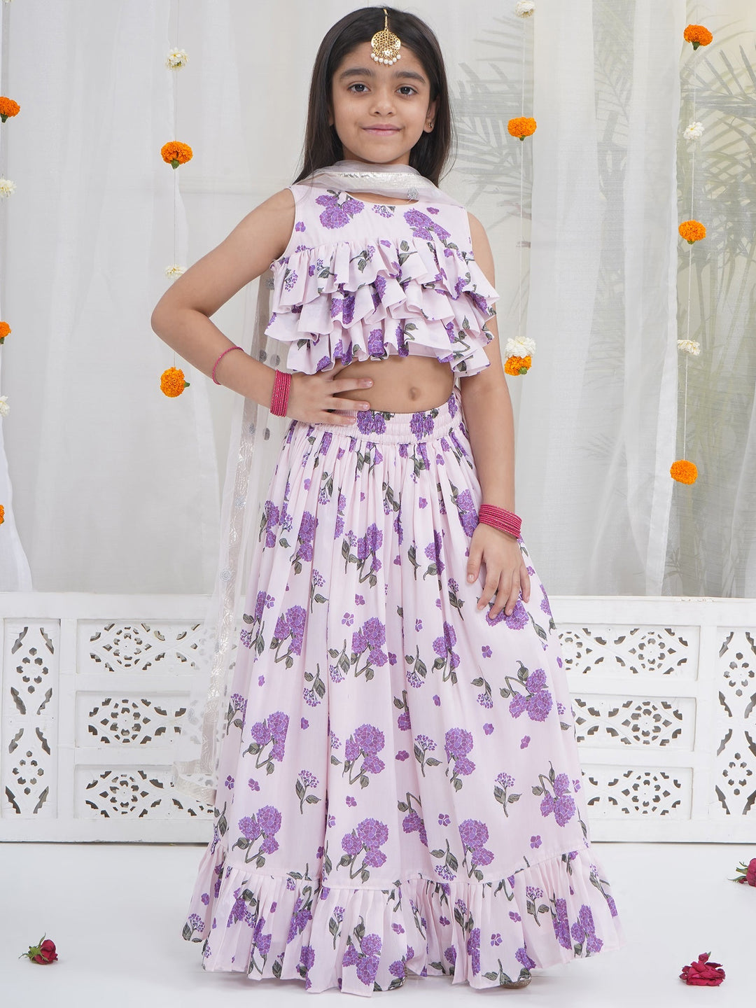 Girls Lavender Bloom Festive Crop Top Lehenga Set | SHOBITAM
