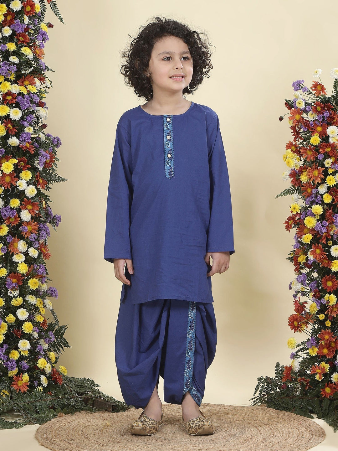 Blue Indigo Floral Bloom Nehru Jacket with Cotton Kurta Dhoti Set | SHOBITAM