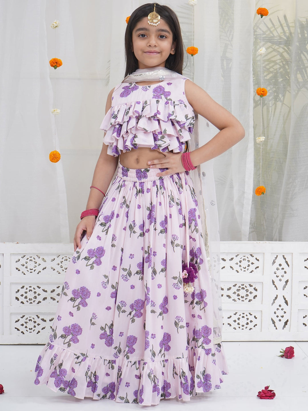 Girls Lavender Bloom Festive Crop Top Lehenga Set | SHOBITAM