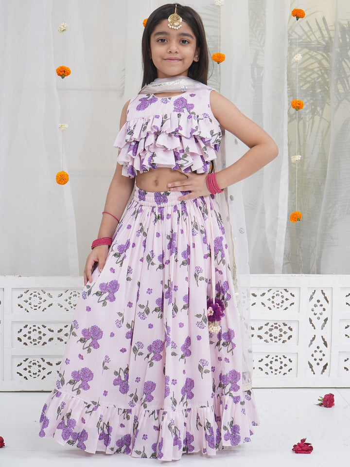Girls Lavender Bloom Festive Crop Top Lehenga Set | SHOBITAM