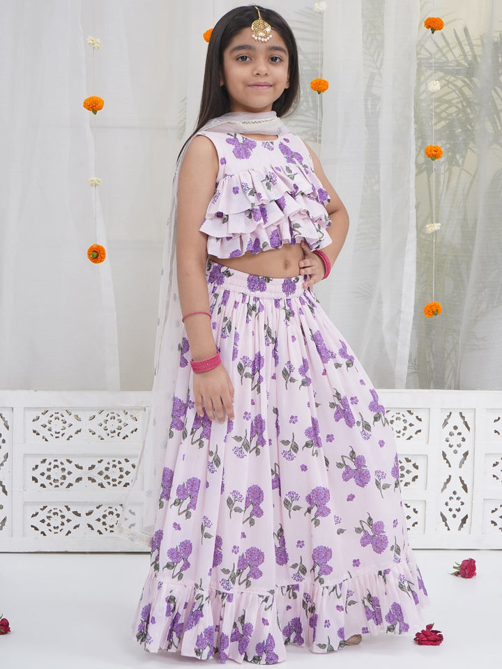 Girls Lavender Bloom Festive Crop Top Lehenga Set | SHOBITAM