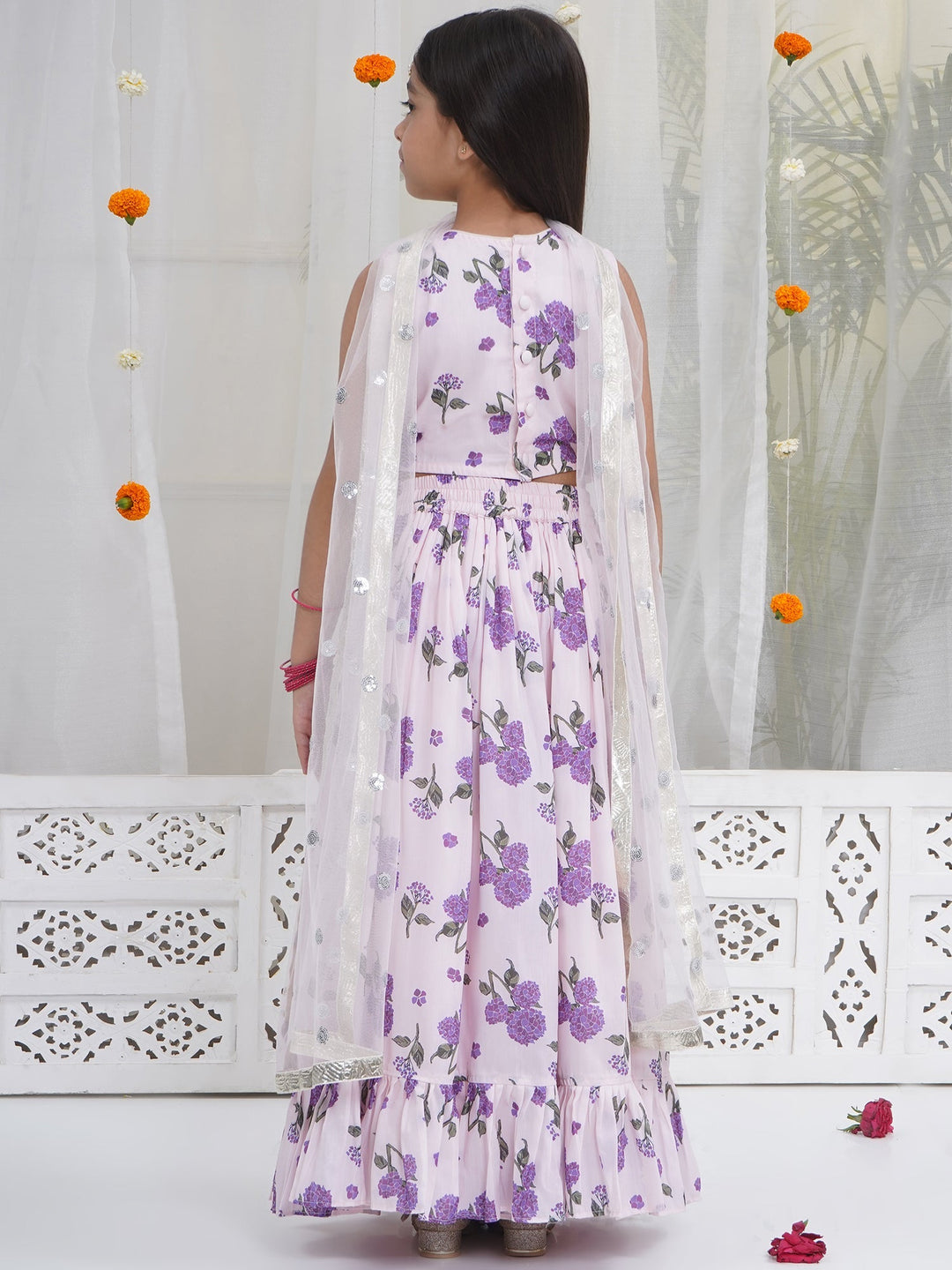 Girls Lavender Bloom Festive Crop Top Lehenga Set | SHOBITAM