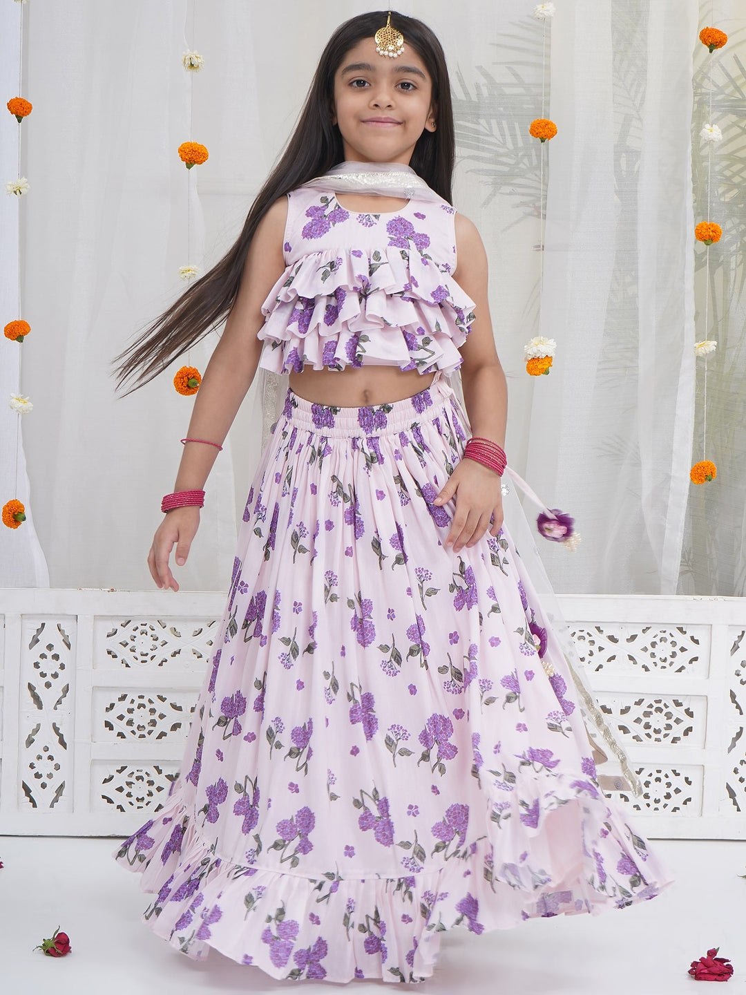 Girls Lavender Bloom Festive Crop Top Lehenga Set | SHOBITAM