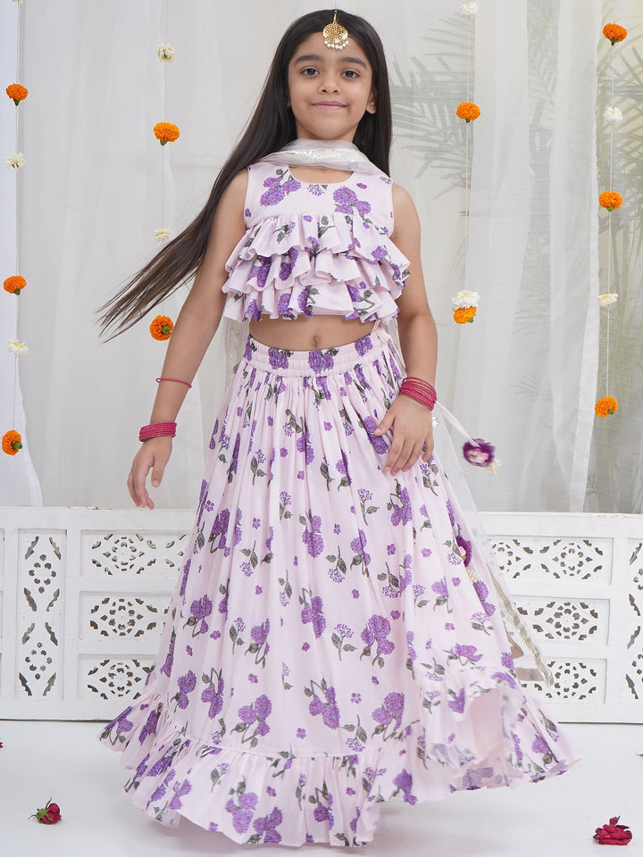 Girls Lavender Bloom Festive Crop Top Lehenga Set | SHOBITAM