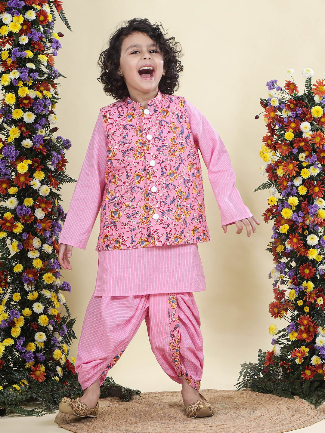 Pink Block Print Floral Nehru Jacket with Cotton Kurta Dhoti Set | SHOBITAM