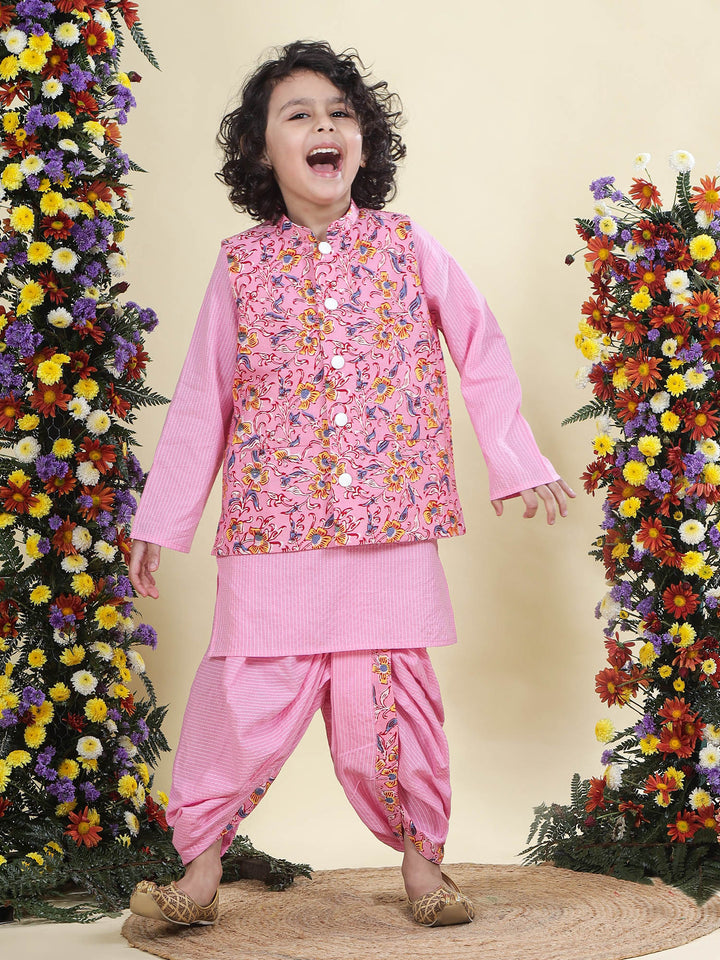 Pink Block Print Floral Nehru Jacket with Cotton Kurta Dhoti Set | SHOBITAM
