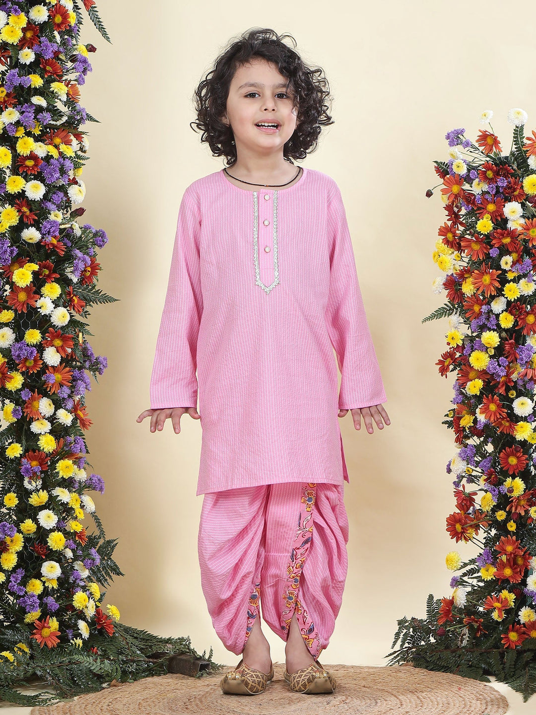 Pink Block Print Floral Nehru Jacket with Cotton Kurta Dhoti Set | SHOBITAM