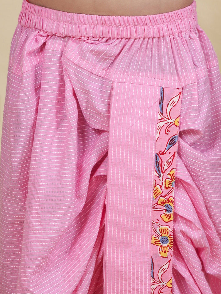 Pink Block Print Floral Nehru Jacket with Cotton Kurta Dhoti Set | SHOBITAM