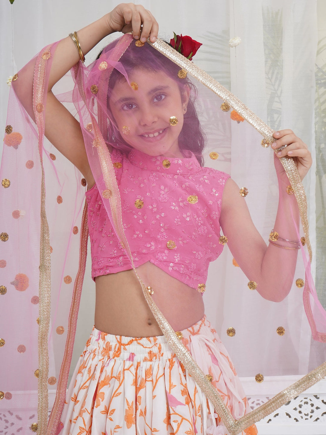 Girls Bird and Floral Embroidery Lehenga Set | SHOBITAM
