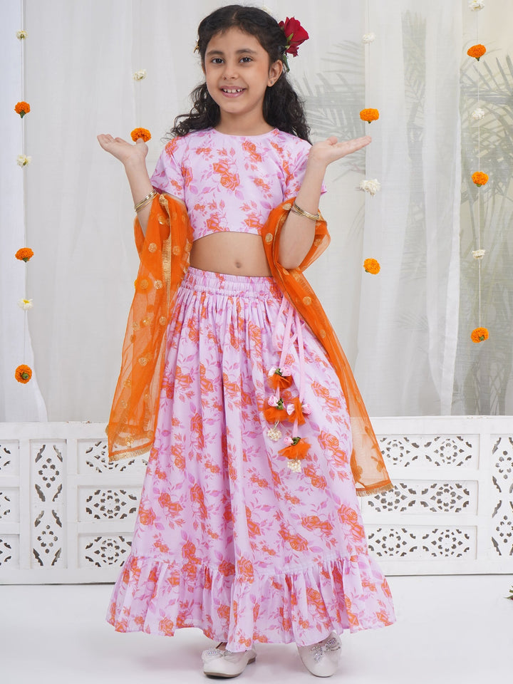 Girls Peach & Orange Rose Bloom Lehenga Choli set | SHOBITAM