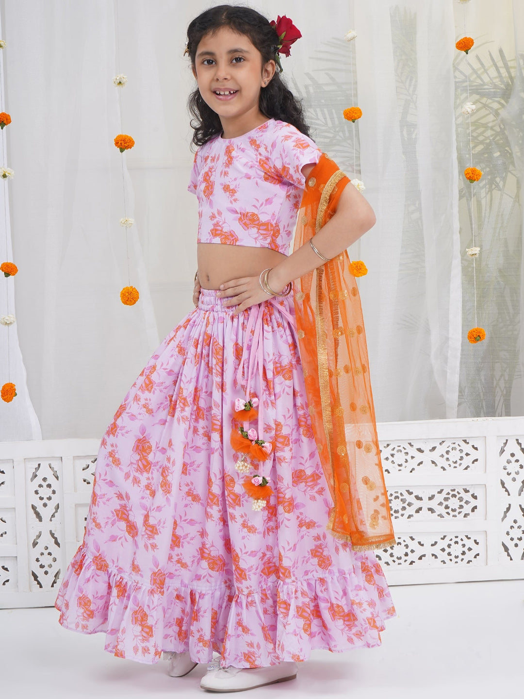 Girls Peach & Orange Rose Bloom Lehenga Choli set | SHOBITAM