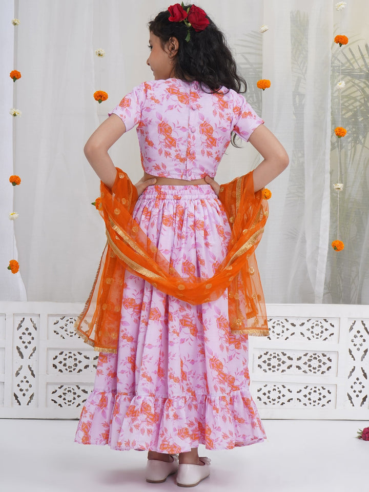Girls Peach & Orange Rose Bloom Lehenga Choli set | SHOBITAM