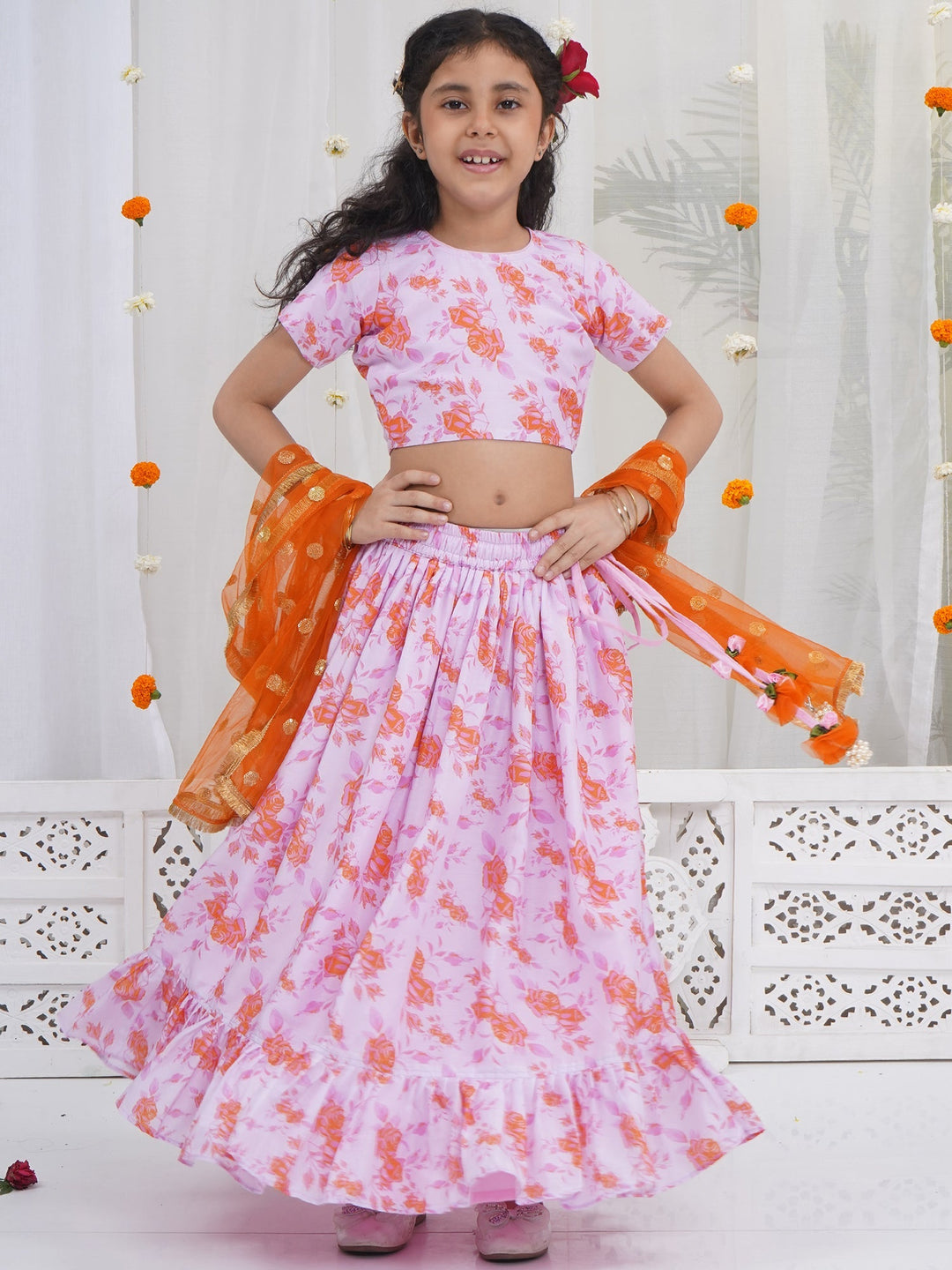 Girls Peach & Orange Rose Bloom Lehenga Choli set | SHOBITAM