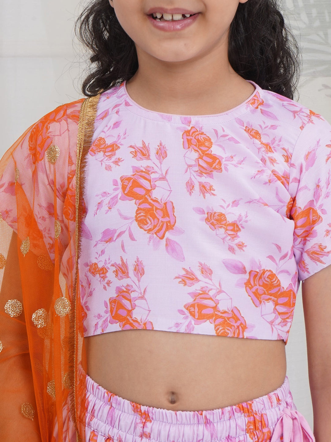 Girls Peach & Orange Rose Bloom Lehenga Choli set | SHOBITAM