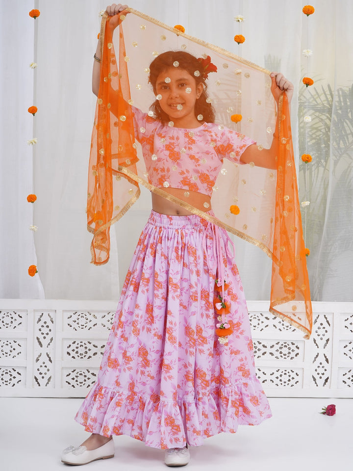 Girls Peach & Orange Rose Bloom Lehenga Choli set | SHOBITAM