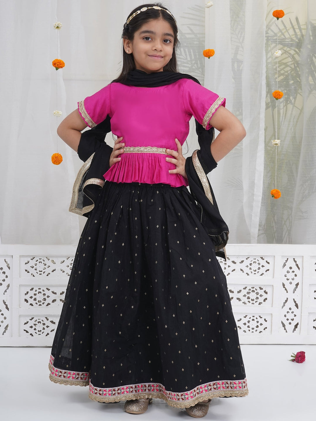 Girls Black Pink Kids Lehenga Set with Rose Tussels | SHOBITAM