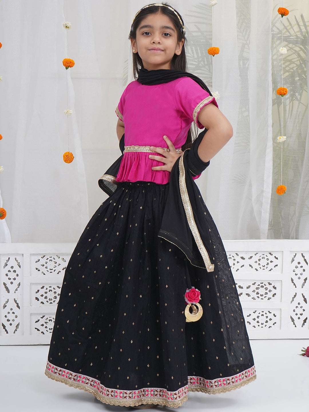 Girls Black Pink Kids Lehenga Set with Rose Tussels | SHOBITAM