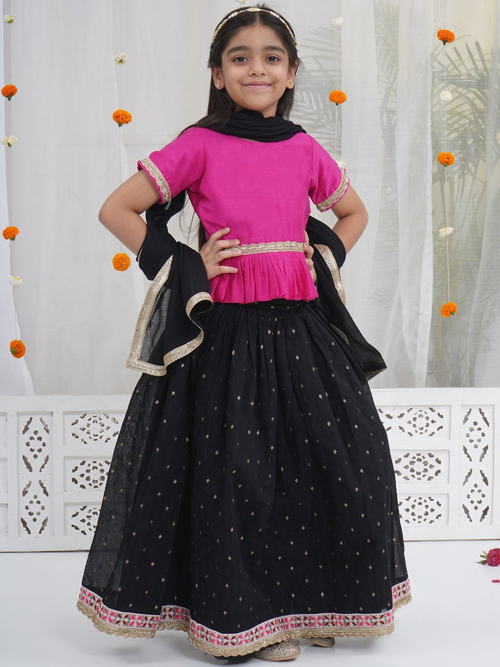 Girls Black Pink Kids Lehenga Set with Rose Tussels | SHOBITAM