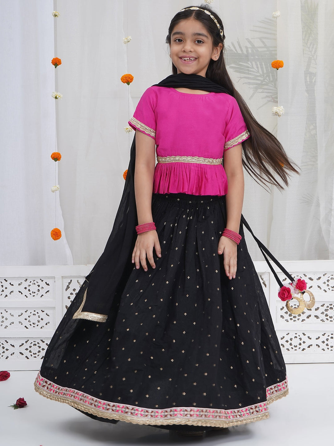 Girls Black Pink Kids Lehenga Set with Rose Tussels | SHOBITAM