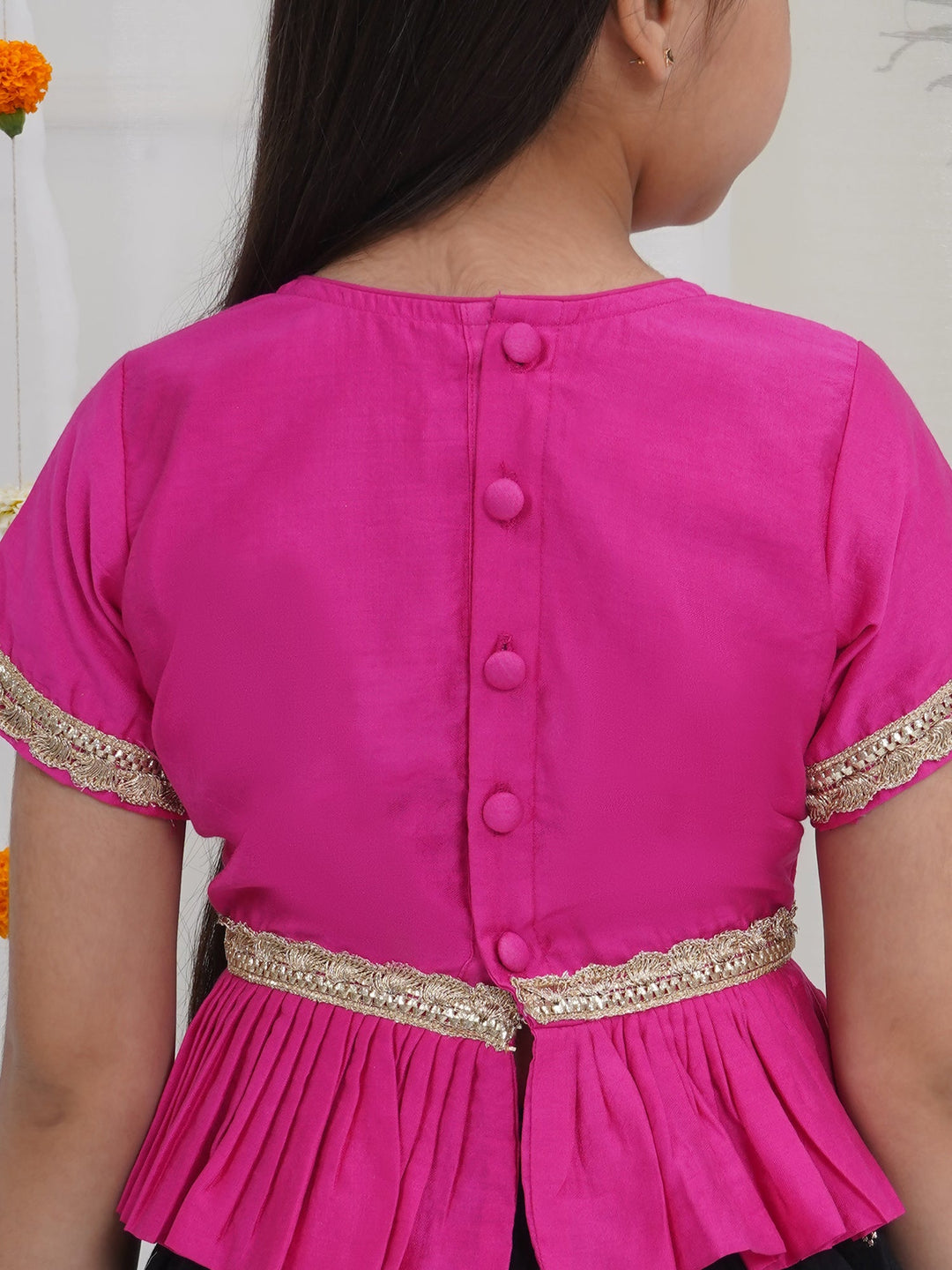 Girls Black Pink Kids Lehenga Set with Rose Tussels | SHOBITAM