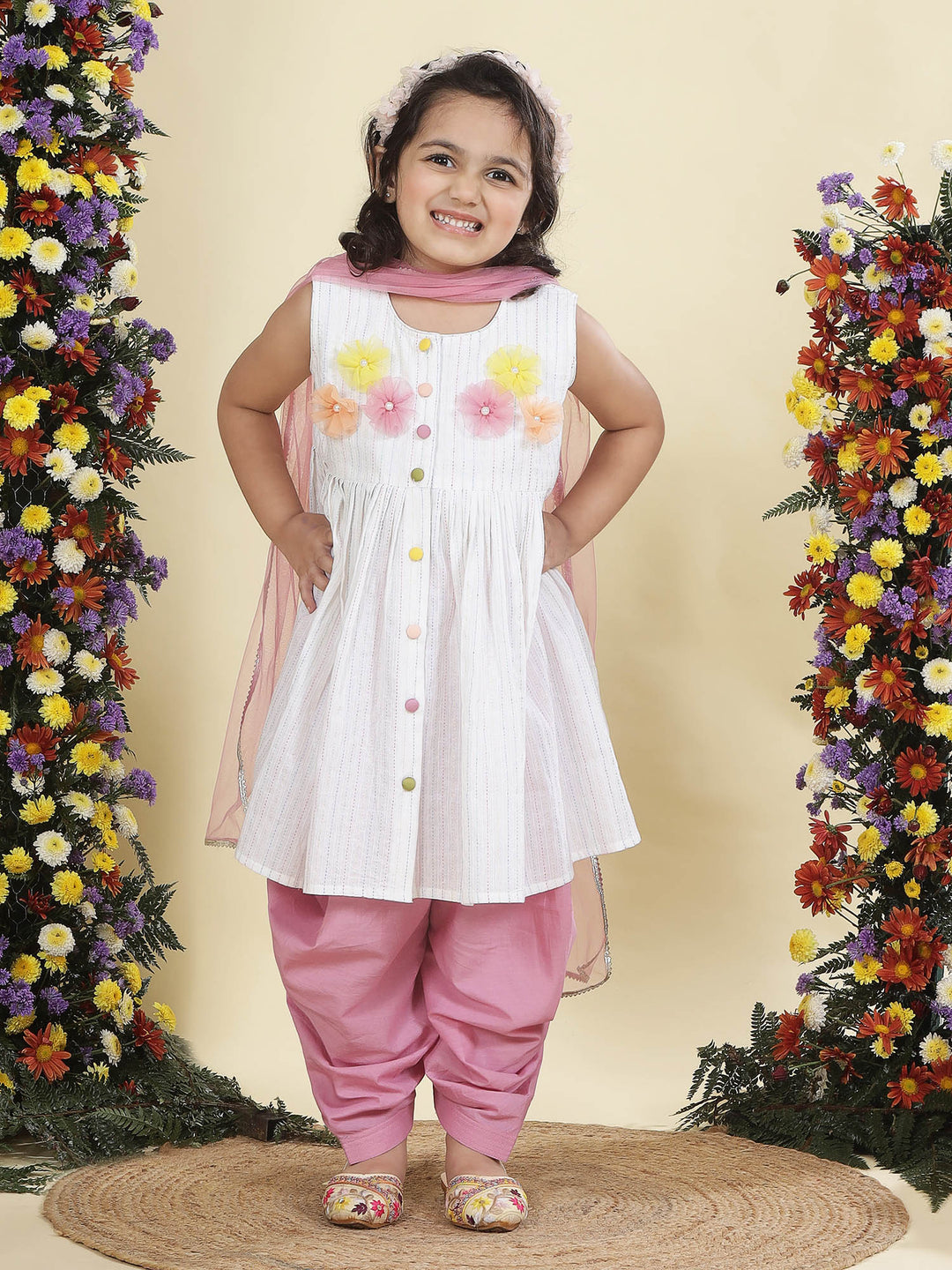 Multi Color Striped Floral handwork Cotton Kurta Salwar Set | Shobitam