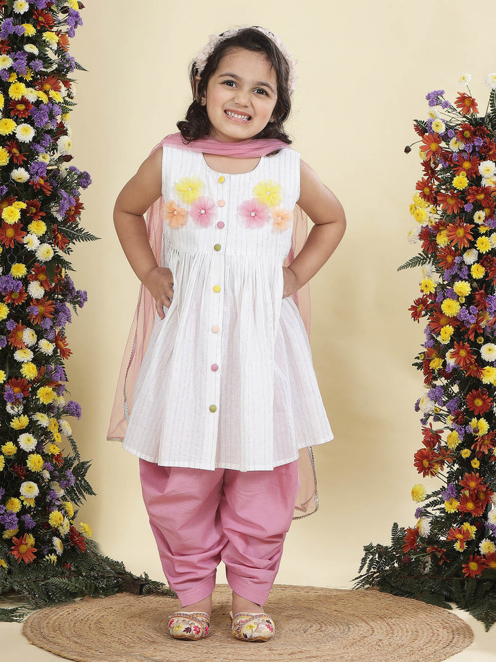 Multi Color Striped Floral handwork Cotton Kurta Salwar Set | Shobitam