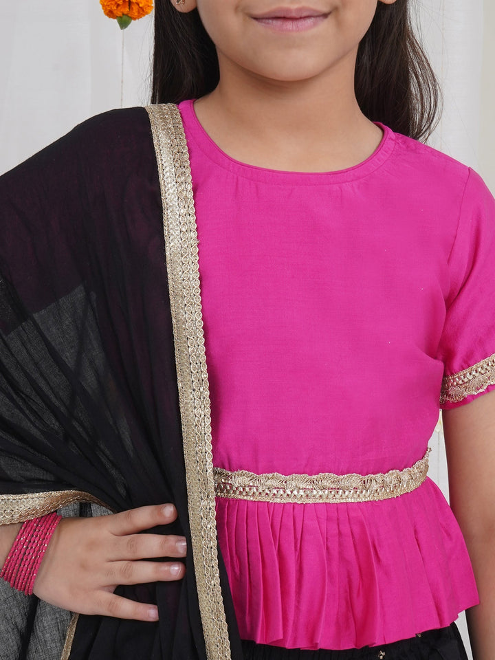 Girls Black Pink Kids Lehenga Set with Rose Tussels | SHOBITAM