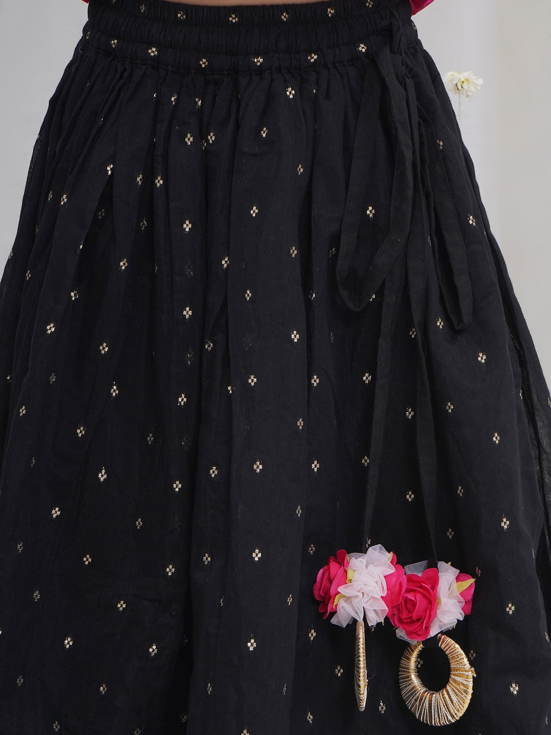 Girls Black Pink Kids Lehenga Set with Rose Tussels | SHOBITAM
