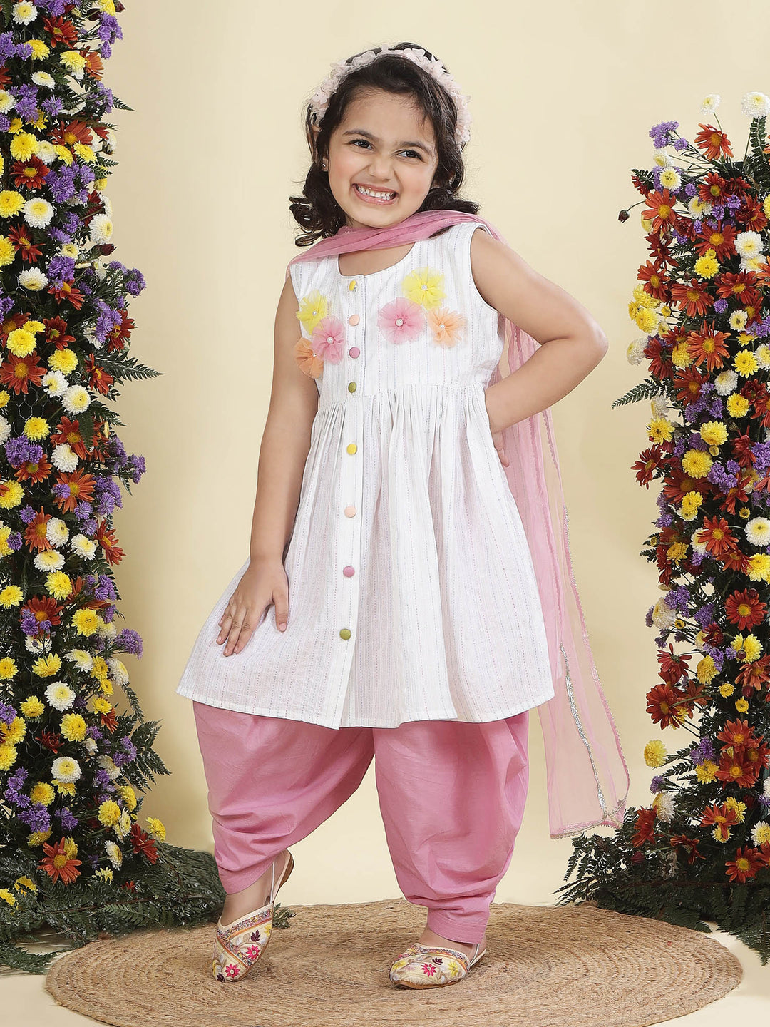 Multi Color Striped Floral handwork Cotton Kurta Salwar Set | Shobitam