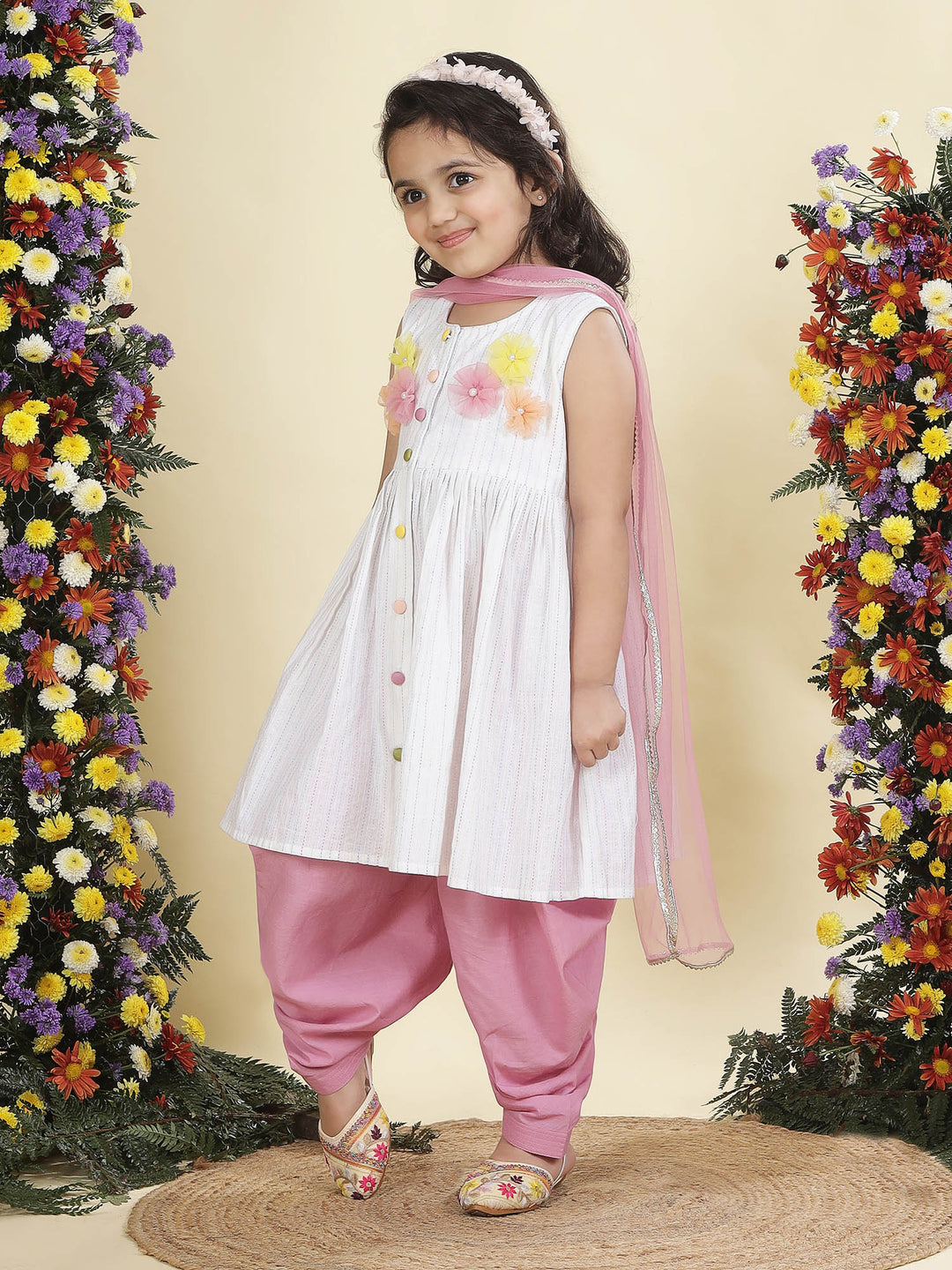 Multi Color Striped Floral handwork Cotton Kurta Salwar Set | Shobitam
