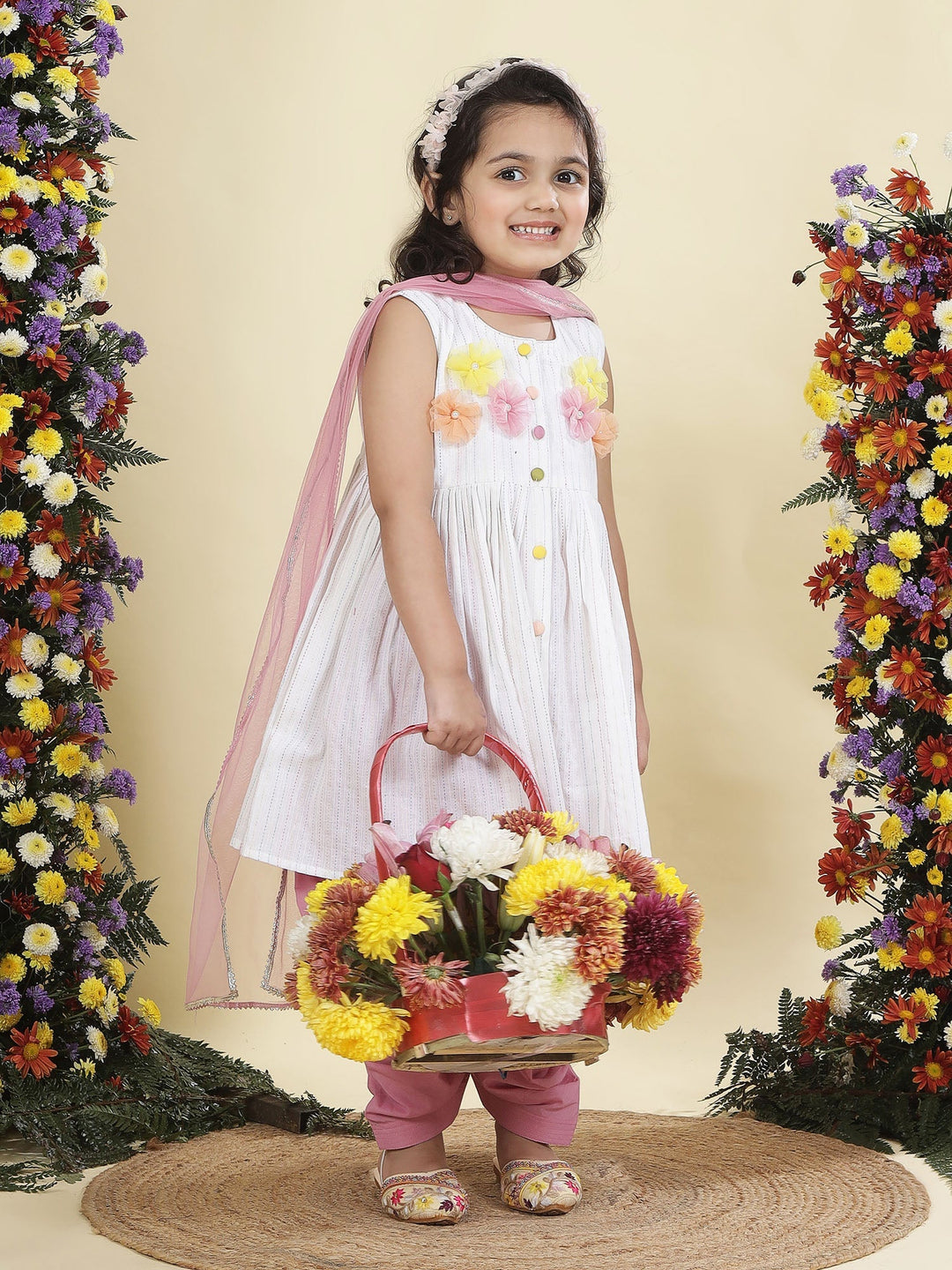 Multi Color Striped Floral handwork Cotton Kurta Salwar Set | Shobitam
