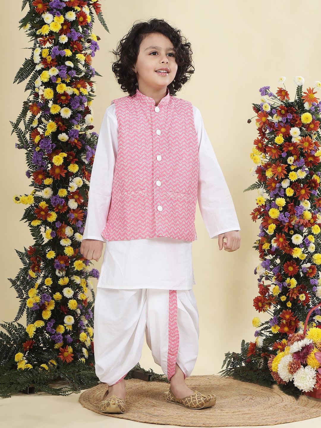 Pink Chevron Nehru Jacket with White Cotton Kurta Dhoti Set | SHOBITAM