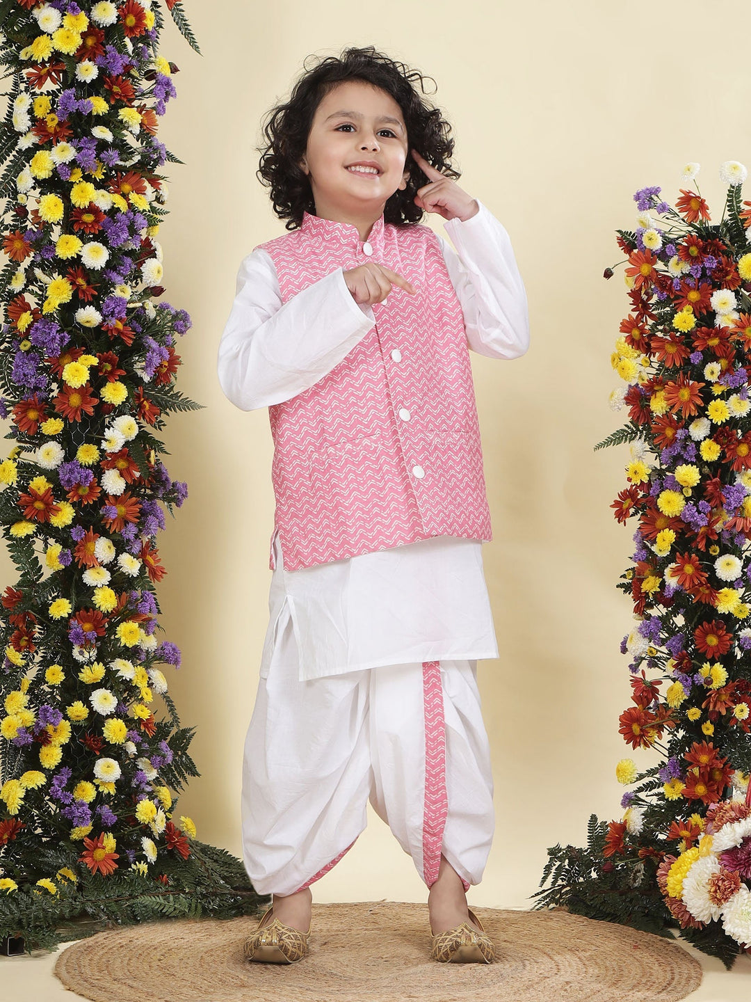Pink Chevron Nehru Jacket with White Cotton Kurta Dhoti Set | SHOBITAM