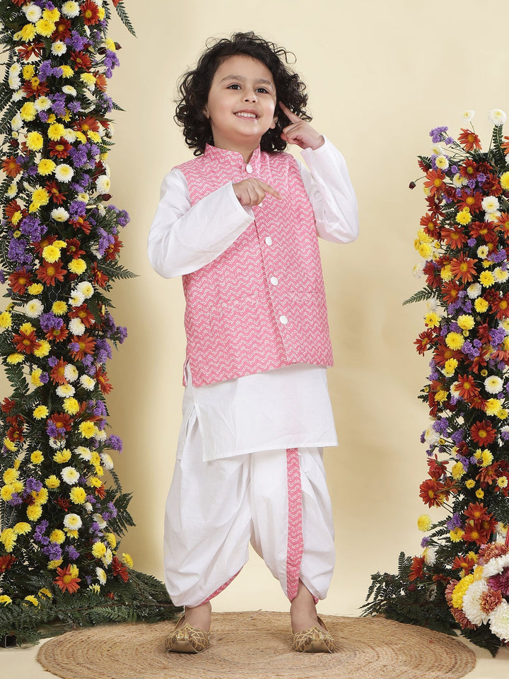 Pink Chevron Nehru Jacket with White Cotton Kurta Dhoti Set | SHOBITAM