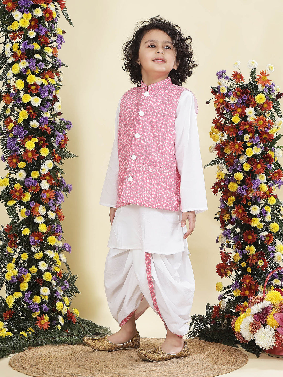 Pink Chevron Nehru Jacket with White Cotton Kurta Dhoti Set | SHOBITAM
