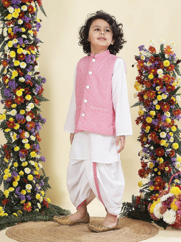 Pink Chevron Nehru Jacket with White Cotton Kurta Dhoti Set | SHOBITAM