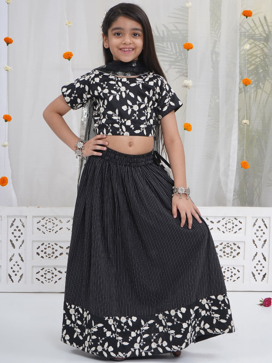 Girls Black Lehenga Blouse set with White Floral Thread work | SHOBITAM